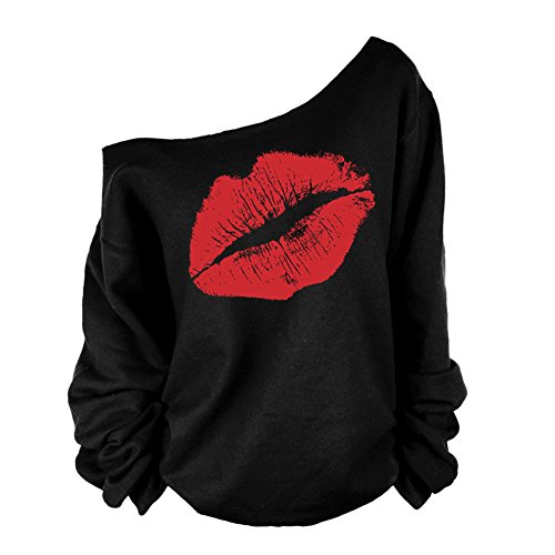 CHN'S Women Sexy Asymmetric Lip Kiss Print Long Sleeve Casual Pullover Sweater (US 6-8, Red Lip)