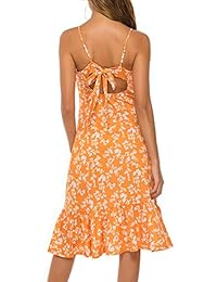 Drimmaks Summer Backless Bowknot Straghetti Straps Floral Botones con cuello en V Abajo Split Casual Beach Holiday Midi Dress
