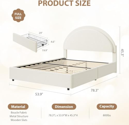 Garvee Full Size Bed Frame with Storage Drawers, Upholstered Boucle Platform Bed with Round Headboard, Heavy Duty & Noise Free, No Box Spring Needed, Beige