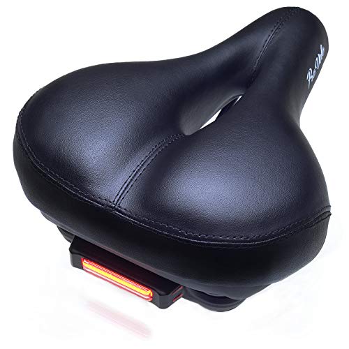 ProVelo Most Comfortable Bike Seat for Men Women – Rechargeable Taillight – Wide Soft Padded Bicycle Saddle – Comfort Memory Foam Cushion – Black Leather – Protection Cover and Triangle Frame Bag