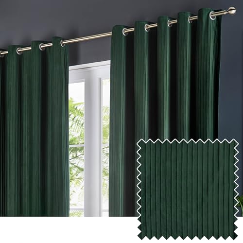 Paoletti Corinthian Velvet Eyelet Curtain Pair - Deep Green - 168x183cm