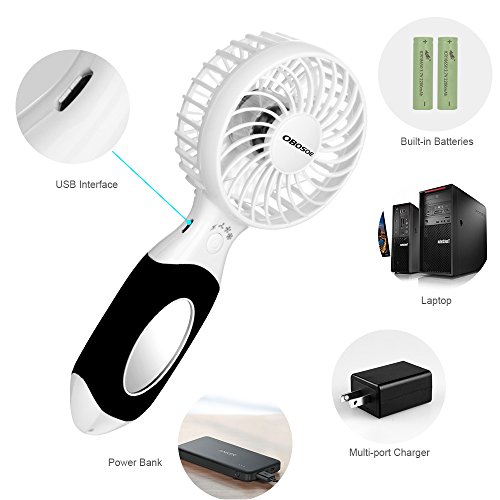 OBOSOE Handheld Fan, Portable Personal Small Desk Fan with 3600mAh USB Rechargeable Battery, Cooling for Office, Bedroom, Traveling, Camping, Outdoor Sports, White