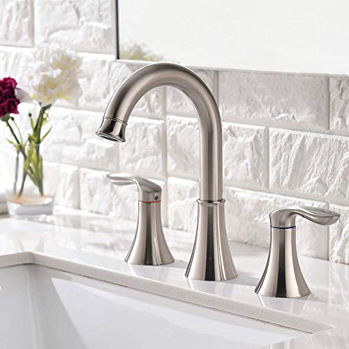 Friho Lead-Free Commercial Two Handle Three-Hole Brushed Nickel Widespread Bathroom Faucet,Bathroom Vanity Sink Faucets with Drain Stopper and Water Hoses - Thumbnail 2