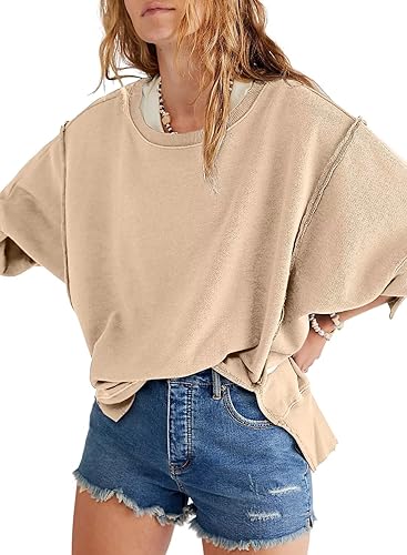 JOKELUCK WOMENS WARM FALL OVERSIZED SWEATSHIRTS LIGHTWEIGHT CREW NECK LONG SLEEVE SOFT CUTE FASHION WEAR KHAKI SMALL