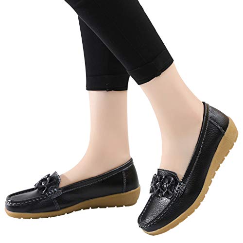 Women's Leather Loafers Moccasins Wild Driving Casual Flats Oxfords Breathable Shoes Black - Thumbnail 2