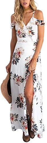 Foyean Women's Sexy Summer V-Neck Backless Maxi Floral With High Split Beach Vacation Dress