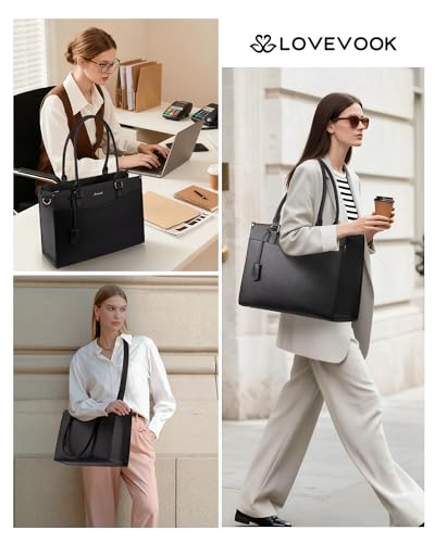 LOVEVOOK Laptop Handbags for Women, PU Leather Work Tote Bags | Clutch & Detachable Shoulder Strap, Padded Laptop Compartment, Waterproof, Large Tote for Shopper, Office, School, Travel