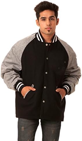 Caliber India Gray Raglan Sleeves &amp; Black Full Wool Open Bottom Varsity Jacket-Men 2X-L