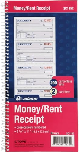 Adams Money and Rent Receipt Book, 2-Part Carbonless, 5-1/4" x 11", Spiral Boun…