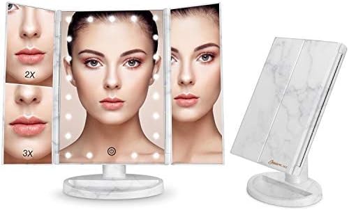 New White Marble [Exclusive] Tri Fold Makeup Vanity Mirror with 21 adjustable LED Lights, 3x/2x Magnification, Touch Screen and 180° Adjustable Rotation, Dual Power Supply, Countertop Cosmetic Mirror