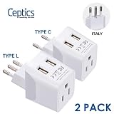 Italy, Europe Travel Adapter Plug Set by Ceptics - 2 Pack - with 2 USB + USA Socket Input - Type L and Type C - Ultra Compact - Safe Grounded Perfect for Cell Phones, Laptops, Camera Chargers