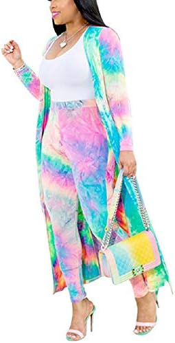 SHANWU Women's 2 Piece Set Tie Dye Printed Long Sleeve Cardigan High Waist Trousers Outfits
