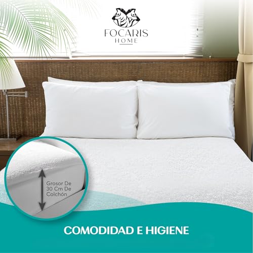FOCARIS Home Waterproof and Adjustable Mattress Protector Cover Mattress Cover 200 x 200 cm Thickness 30 cm Antibacterial / Anti Dust Mite Protector 200 Mattresses 200 x 200 cm Packaging Presentation Gift