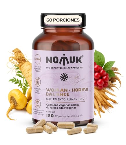 NOMUK Woman Hormo Balance Suplementos para Mujer Ginseng Panax Maca Shatavari y Schisandra Raíces y Hongos Adaptógenos Fórmula Vegetal para Rutinas de Bienestar 120 Cápsulas Veganas Naturales