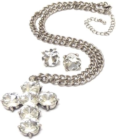 Cross Necklace Earrings Set Z4 Clear Glass Stones Solitaire Post