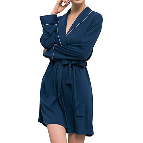 iZHH Women's Simple Bathrobe Long Sleeve Cotton Spa Comfortable Bath Knit Pajamas Sleepwear(Dark Blue,S) - Thumbnail 7