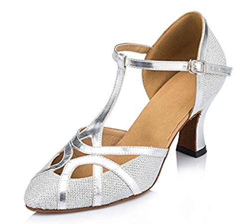 TDA Womens Mid Heel Silver PU Leather Salsa Tango Ballroom Latin Party Dance Shoes CM101 4.5 M US