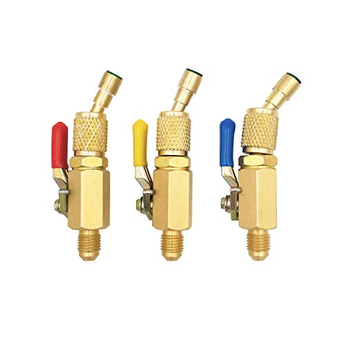 Air Jade Adapter 1/4’’SAE male and female with compact Ball valve for Refrigerant R410A R134A R22. 45 degrees, Shut-off Valve, connecting to Hose for air conditioner Charging and Recovery(3Pack)