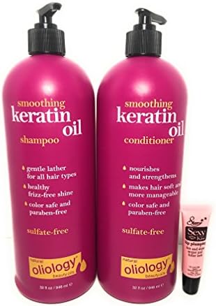 Oliology Smoothing Keratin Oil Shampoo 32.oz &amp; Conditioner 32oz -Free Starry Sexy Lip Plumping Gloss 10ml