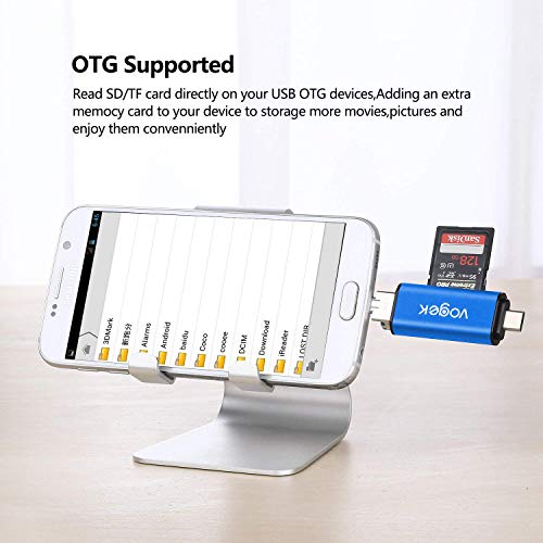 VOGEK SD Card Reader, 3-in-1 USB 3.0 / USB C/Micro USB Card Reader - SD, Micro SD, SDXC, SDHC, Micro SDHC, Micro SDXC Memory Card Reader for MacBook PC Tablets Smartphones - Blue