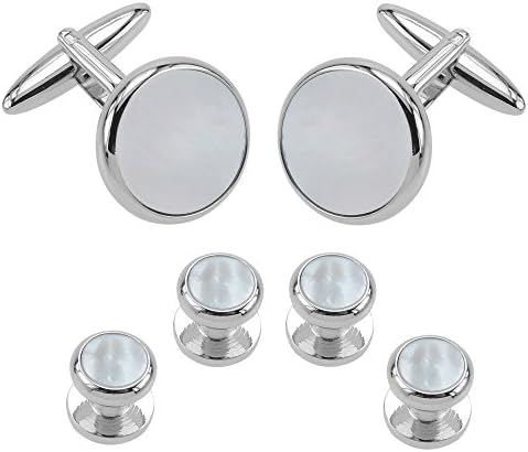 Round Cufflinks and Studs Set White Mother of Pearl Tuxedo Shirt Wedding Business
