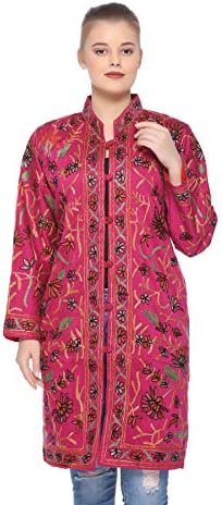 The MadhuSudan Gallery Women's Kashmiri Silk Crewel Hand Embroidered Chinar Work Coat/Jacket (PA-2g, Free Size)