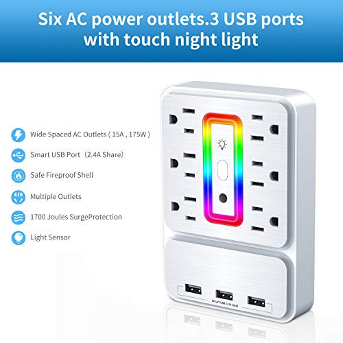 USB Wall Outlet Adapter 1700 Joules Surge Protector with 6-Outlet Extender,3 Fast USB Charging Ports(3.2A Total) & Smart Night Light,Multi-Function Power Strip for Home Kitchen Bathroom