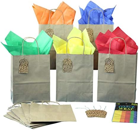 BagLove 10 Pack Gift Bags with Tissue Paper + Tags - Medium Size Bags with Handles (8" x 4.5" x 10") Perfect for Birthdays, Office Parties, and Holidays