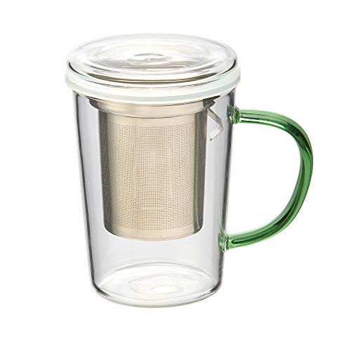 casaWare 18-Ounce Borosilicate Glass Tea Infuser Mug with Lid (Green Handle)