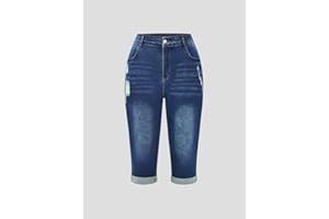 Women's Plus Size Denim Capris Casual High Elasticity Distressed Ripped Rolled Cuff Curvy Jeans
