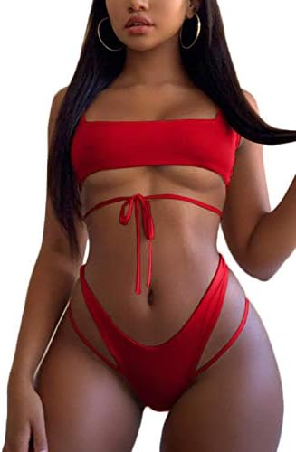ESONLAR Women's Strappy Bikini Top High Rise Thong Cut Cheeky Bottoms 2PCS Swimsuit