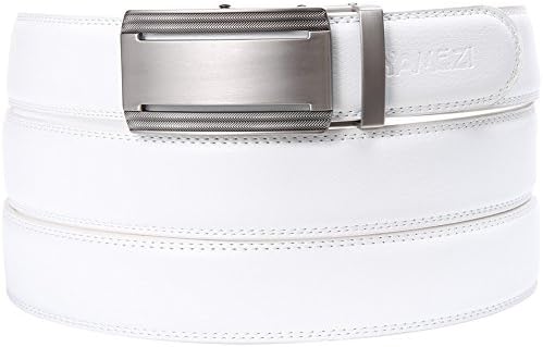 YAMEZI Men's White Leather Contracted Ratchet Dress Belt with Automatic Buckle