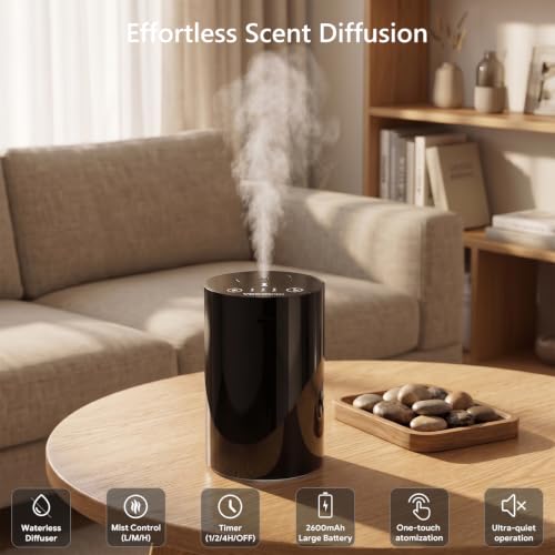 Water Free Essential Oil Diffuser, Mini Portable Aromatherapy Aroma Diffuser, Zerstäuber with 10ml Hotel Fragrance Oil, 1/2/4H/Timer, 3 Mist Levels for Home, Room, Car