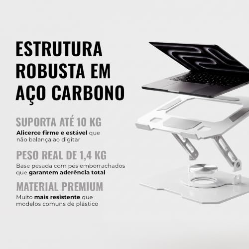 Suporte para Notebook e Laptop de até 17" MTS, Tablets e Celulares, Aço Carbono, Ajustável, Dobrável, Base Giratória 360° e Aberto para Ventilação, Suporta até 10kgs, Ergonômico Portátil (Branco)
