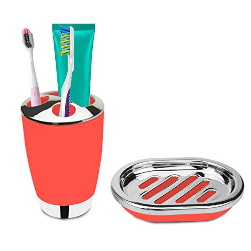 TEKITSFUN 6 Piece Plastic Bathroom Accessory Set, Luxury Bath Accessory Gift, Soap Dispenser, lotion dispenser, Soap Bar Holder, Tooth Brush Holder, Trash Can, Toilet Brush Set, Rinse Cup-Red - Thumbnail 2