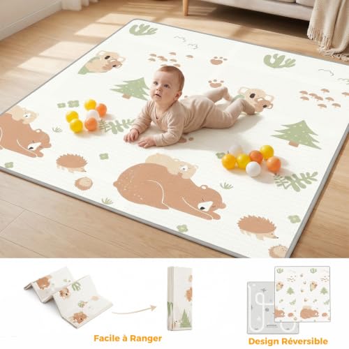 KUQAZ Beige Parc Bebe avec Tapis - 150x150cm Parc Enfant Sécurisé, Aire de Jeu Carrée en Tissu Oxford, Filet Respirant 360°, Structure Stable avec Puissantes Ventouses et 4 Anneaux