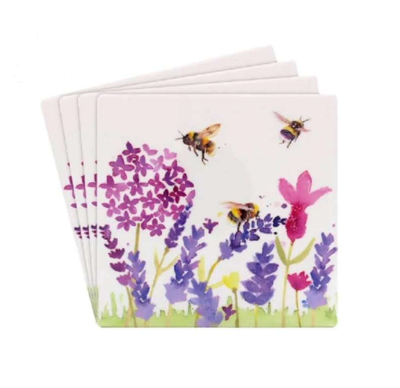Lesser & Pavey Lavender & Bees Ceramic Coasters Set | Set of 4 Ceramic Coaster Set For All Modern Kitchens or Offices | Lavender & Bees Drinks Coasters Sets With Lovely Design - Jennifer Rose Gallery