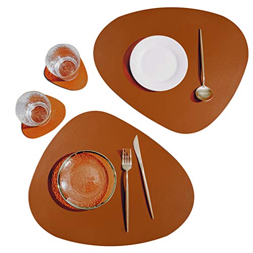 SUBEKYU Faux Leather Placemats and Coasters Set, Washable Round Table Mat, Waterproof Coffee Mats, Heat-Resistant Place Mat for Kitchen Dining Table (Brown) - Thumbnail 6
