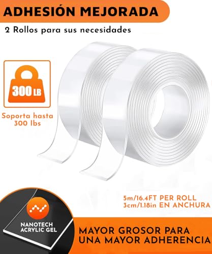 LSXD Cinta Doble Cara, 2 Rollos 5M Nano Tape Extrafuerte Reutilizable y Impermeable con Tijera, Tape Doble Cara Transparente para Pared, Cocina, Baño, Alfombra, Manualidades, Fijación de Fotos