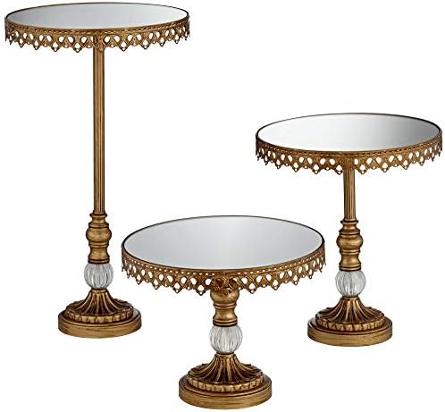 Dahlia Studios Antique Gold Cake Cupcake Stands Mirror Top Set of 3 with Crystal Accent for Wedding Birthday Party Kitchen Serveware