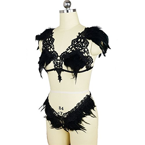 Women Sexy Full Feather Epaulette Harness Strappy Bra Cage Lingerie Cosplay Exotic Gothic Top Elastic Adjustable Plus Size