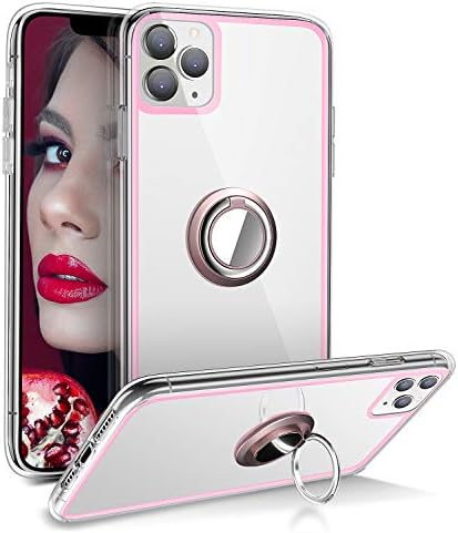 DAUPIN iPhone 11 Pro Max Case, Clear iPhone 11 Pro Max Case with 360 Ring Holder Metal Car Mount Soft TPU Bumper PC Hard Back Shockproof Protective Phone Cover Case for iPhone 11 Pro Max 2019 (Pink)