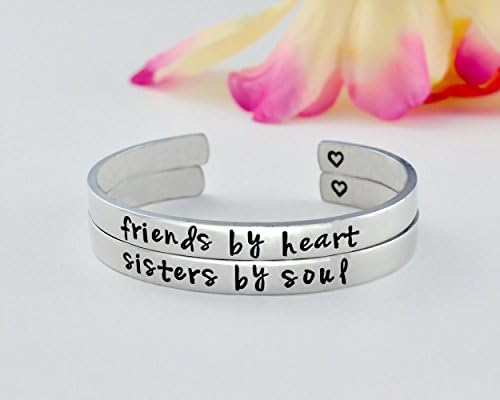 friends by heart / sisters by soul - Hand Stamped Aluminum Cuff Bracelets Set, Friendship Sorority BFF Besties Personalized Jewelry