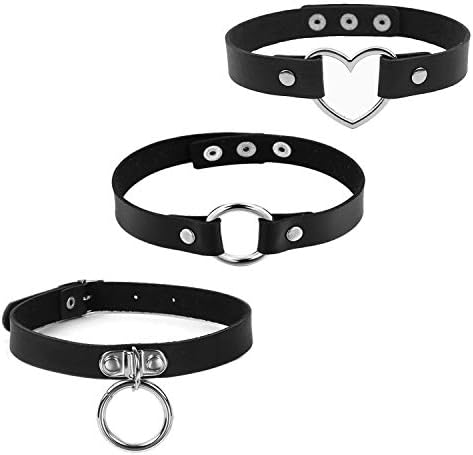 3 Pairs Black Pu Leather Chokers Necklace Heart Collar O Ring Choker Goth Choker Punk Rock Choker Collar For Women Clothing Shoes Jewelry