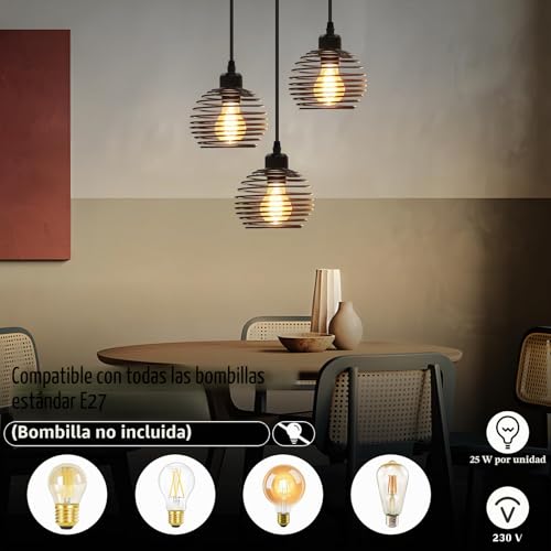 ZMH Vintage Black 3 Light Pendant Light with Cage E27 | Industrial Metal Design with 120cm Adjustable Cord for Dining Room Bulbs Not Included