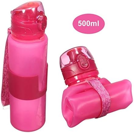 ToFuture Collapsible Silicone Leak Proof Sports Water Bottle Bag Clip Foldable Camping 500ml Canteen Folding Hydration Cup BPA Free for Cycling, Hiking, Travelling, Fitness and Outdoor Activities Rose