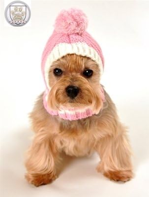 Thick Ribbed Knit Hat - Pullover Styled - with Pom-Pom and Button - For Dogs Size (MEDIUM, Soft Pink)