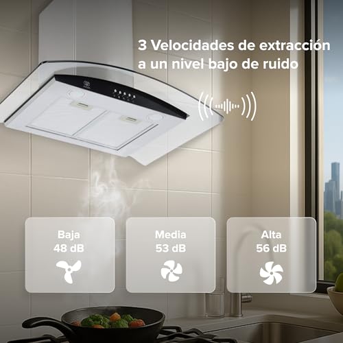 AVERA Campana de cocina 76 cm de pared, 3 velocidades, Luz LED, Filtro de carbón activado, Filtro de malla metálica lavable, Acero inoxidable y vidrio templado, Diseño curvo | CEV60C