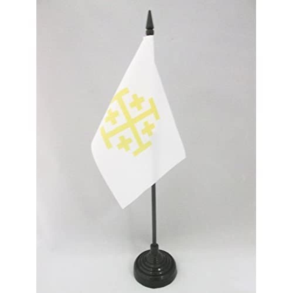 AZ FLAG - Latin Kingdom of Jerusalem Table Flag 4'' x 6'' - Catholic Office Mini Banner 100% Polyester 15 x 10 cm - Mini Desk Flag with 10'' Pole and Black Plastic Base