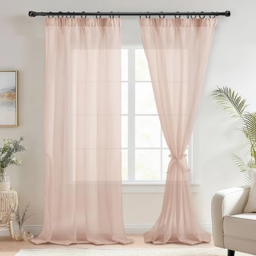 DWCN Pink Sheer Curtains with Tiebacks Semi Transparent Voile Pencil Pleat Curtains for Bedroom and Living Room 2 Panels, Pink, W55 x L96 Inch